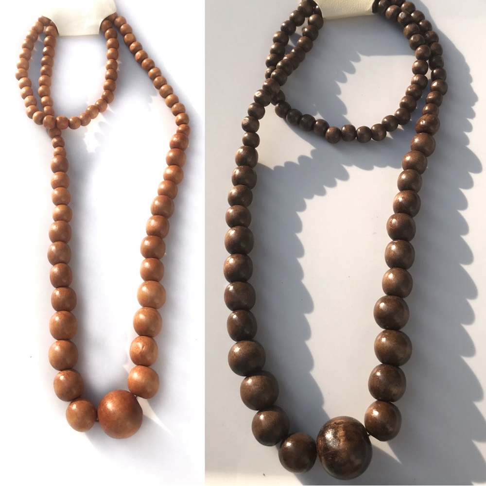 Vintage Natural Deep Brown Wood Beaded Boho Earthy Necklace set of 2 Necklaces